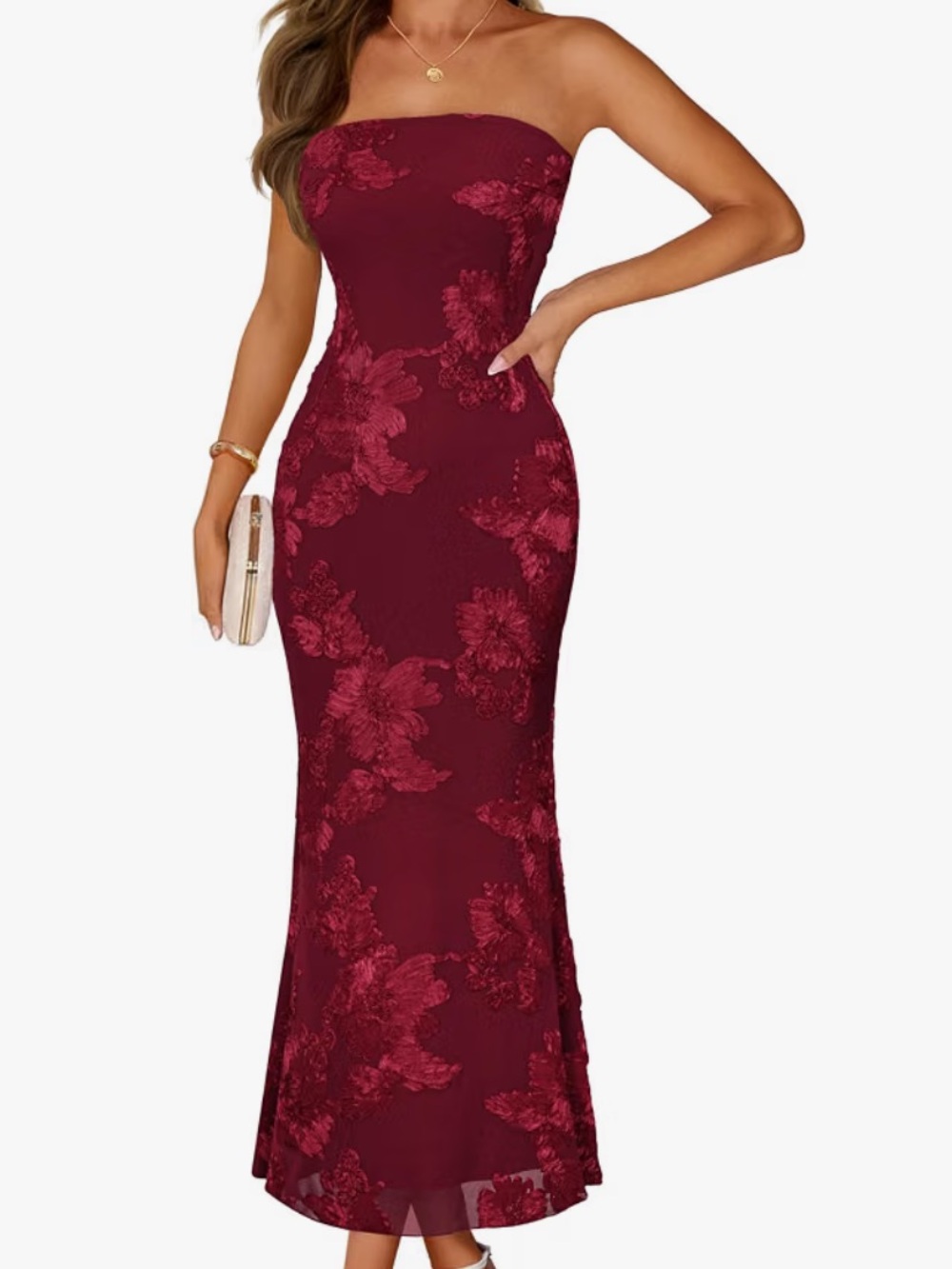 Strapless Floral Lace Maxi Dress - Burgundy